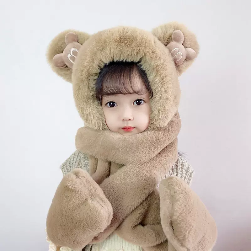 儿童三件套帽冬季可爱女童围巾手套一体帽子宝宝加绒加厚毛绒保暖