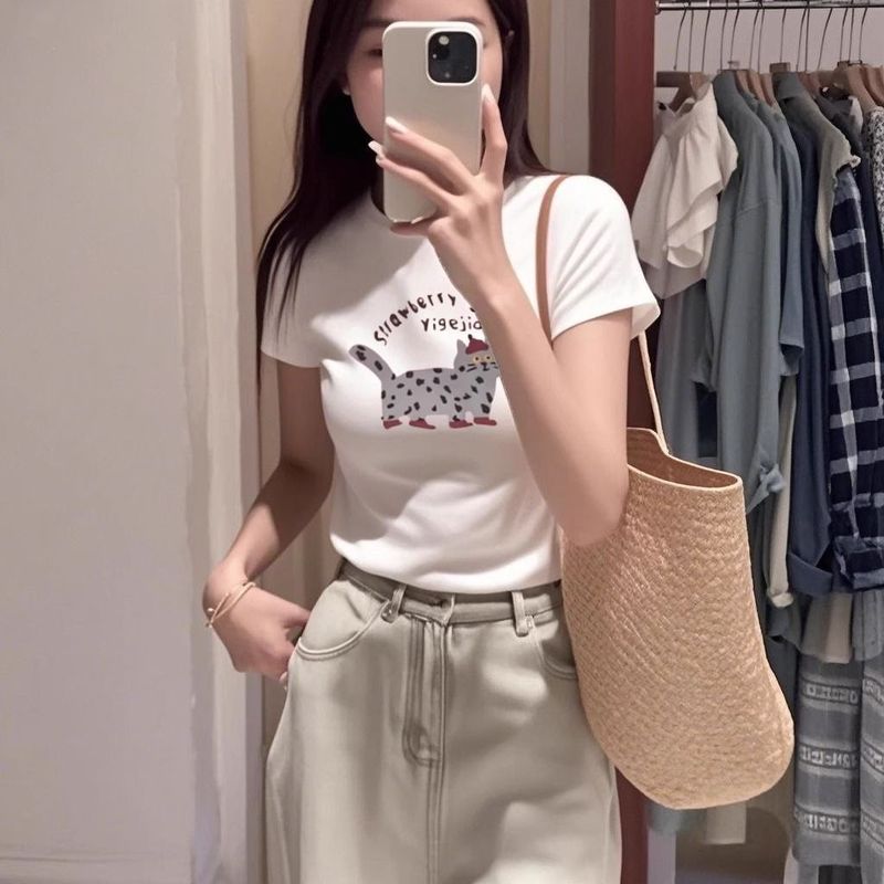 2025新款泰式多巴胺橘色印花正肩短袖T恤女夏季穿搭圆领体恤上衣|undefined
