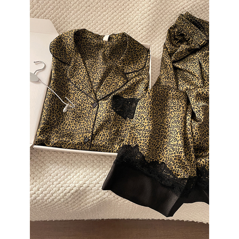Light Luxury High-End Leopard Print Ice Silk Pajamas for Women, Autumn 2025 New Satin Long-Sleeved Long Pants Set, Trendy Loungewear