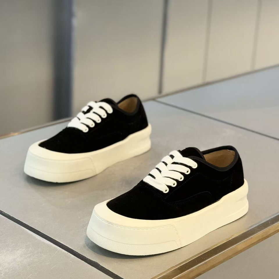 Giày sneaker cổ thấp mũi tròn rộng, đế dày tăng chiều cao, mặt da chống nước, dây buộc — Bạch tửu đỏ 8811, Trắng kaki 8811, Trắng đen 8811