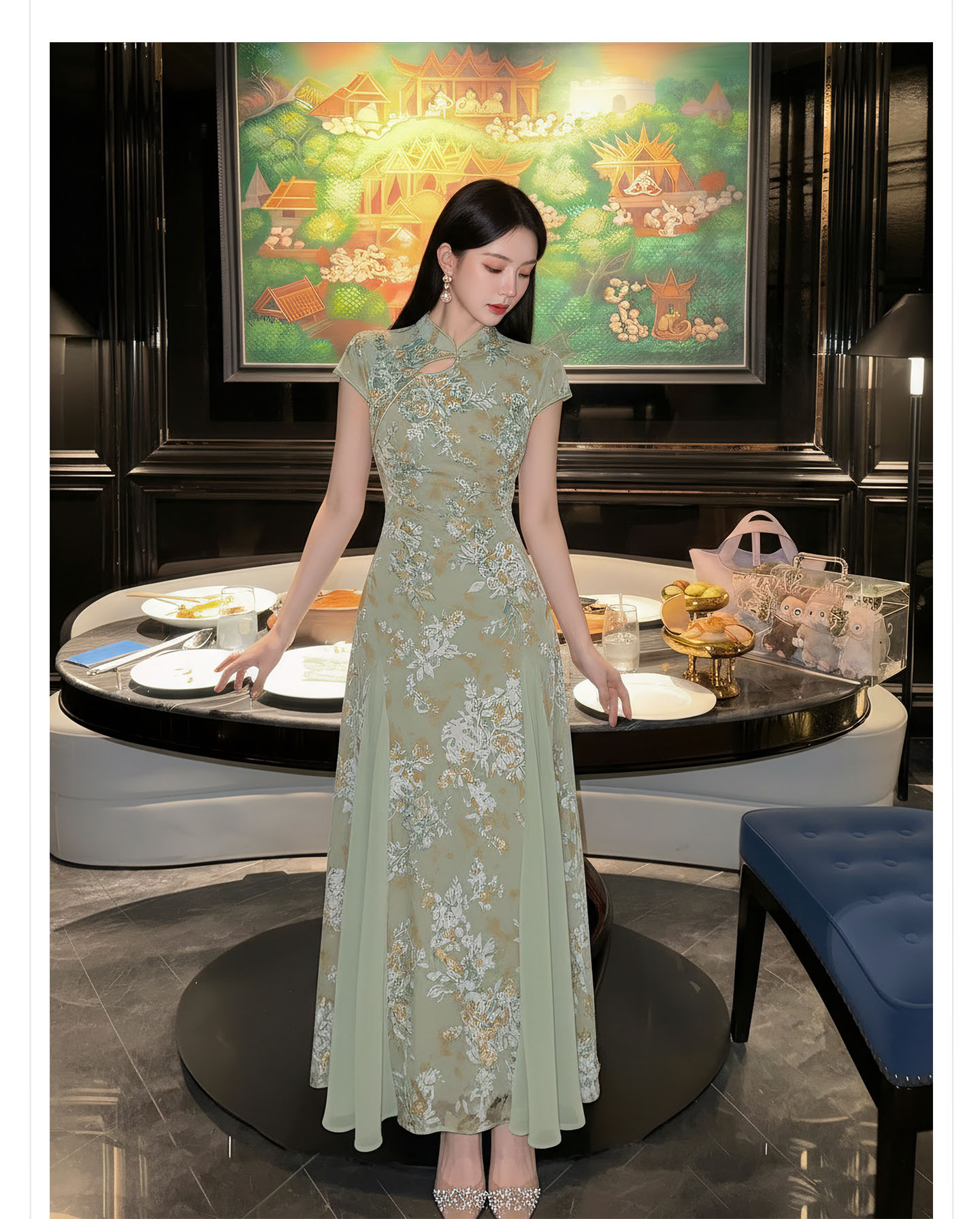 Đầm maxi nữ cổ đứng ren hoa thêu tay dài — Xanh lá cây nhạtcolor chi tiết 12