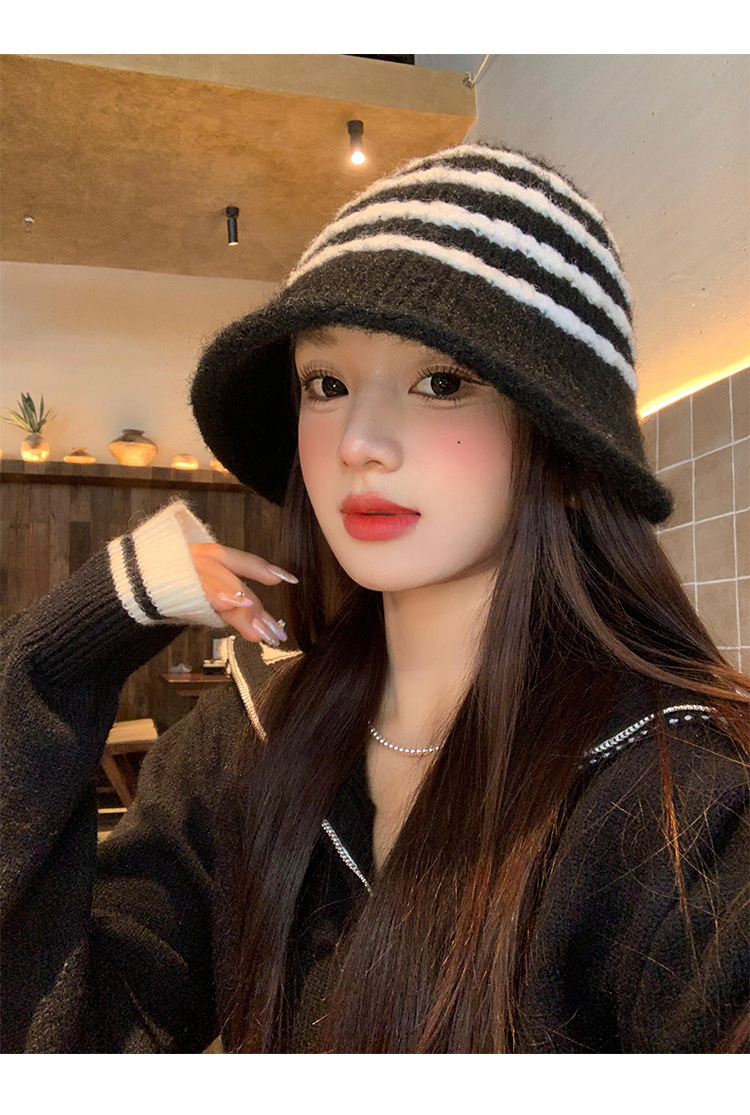 Cappello da pescatore in peluche retrò a righe in stile giapponese per donna, autunno e inverno, caldo, versatile, a tesa larga, snellente per il viso_voghion.com