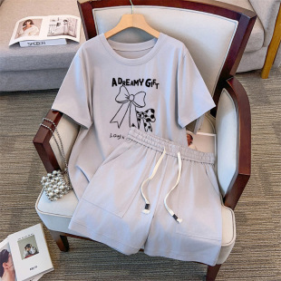 150kg Plus Size Women's Clothing Plus Size New Fashion Slim Short-Sleeved Shorts Fashion Casual Suit 1087