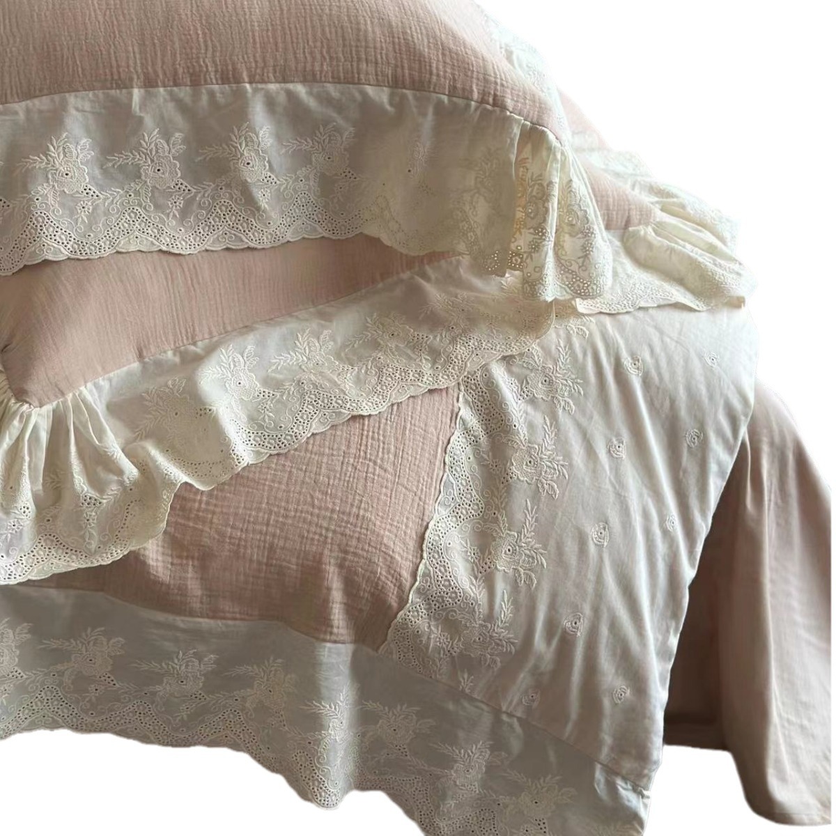 Algodón francés retro de color sólido dobles pliegues colcha de hilo cuatro piezas de encaje bordado de nicho de cama