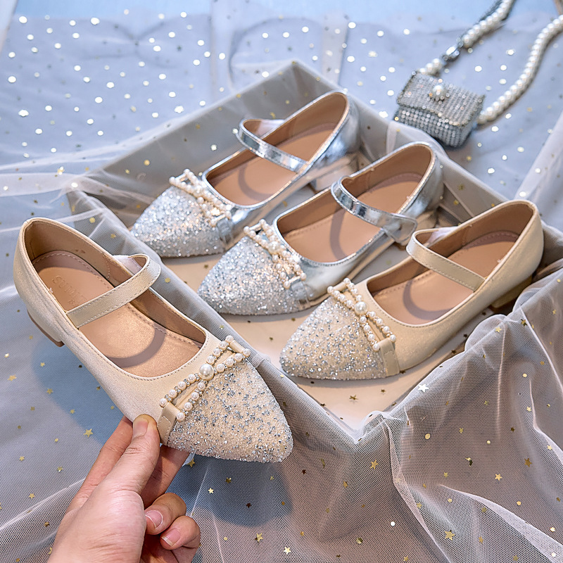 Girls' Princess Shoes 2026 New Spring and Autumn Style Shiny High-Heeled Shoes for Children's Performances with Rhinestone Dress Shoes