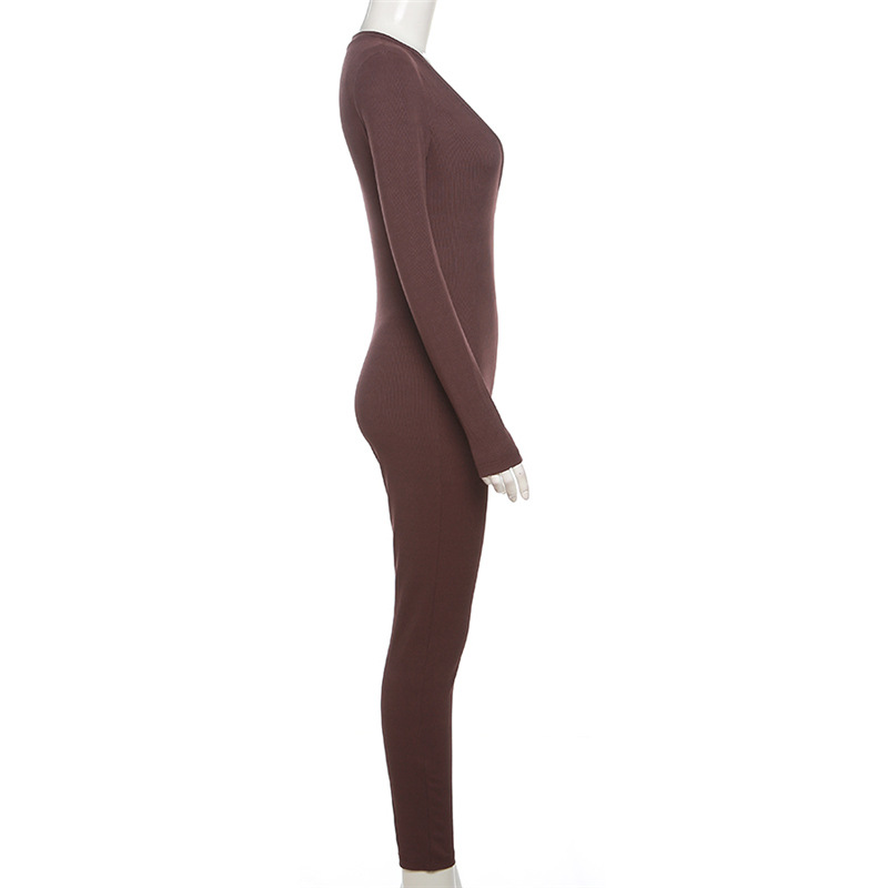 Fall Women Clothing Sexy Yoga Low Collar Solid Color Long Sleeve Narrow Slim Long Jumpsuit