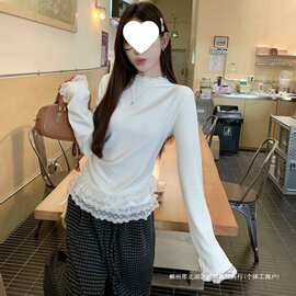 跨境奶油白双层蕾丝拼接半高领长袖T恤女秋冬修身抽绳内搭打底衫