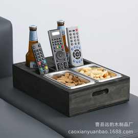 乡村风木质零食收纳盒客厅茶几遥控器啤酒饮料插槽分格干果收纳盒