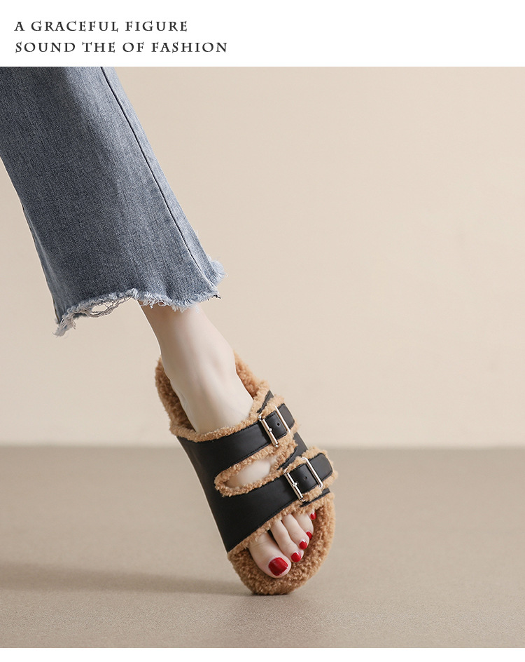 Girl Fur Slippers Women S Outerwear Autumn And Winter One Word Belt Plus Fleece Cotton Shoes To Keep Warm Net Red Large Size_voghion.com