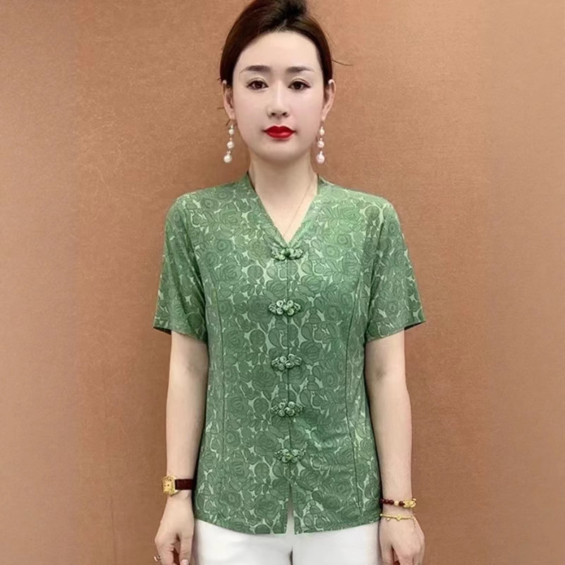新しい中国風ママトップス婦人服夏 2025 新しい気質中高年女性のボタン付きレトロシャツ Tシャツ|undefined