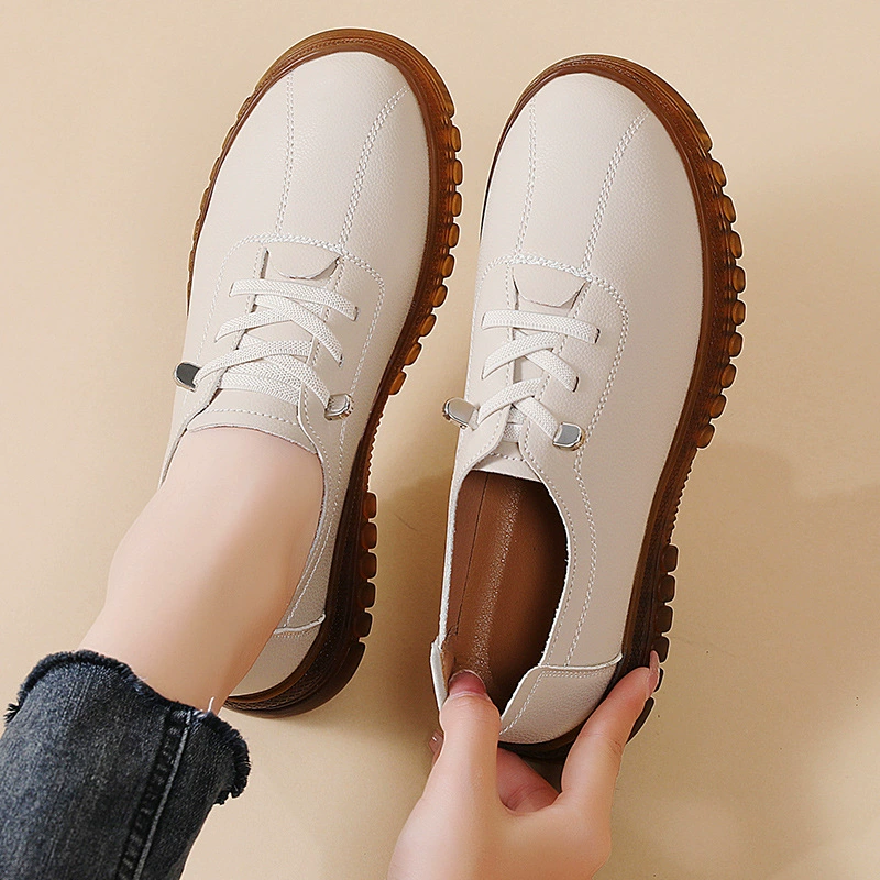 Кожаные туфли для мамы женская весна 2025 новая говяжья сухожилия мягкая подошва одиночные туфли дикие рабочие плоские кожаные туфли