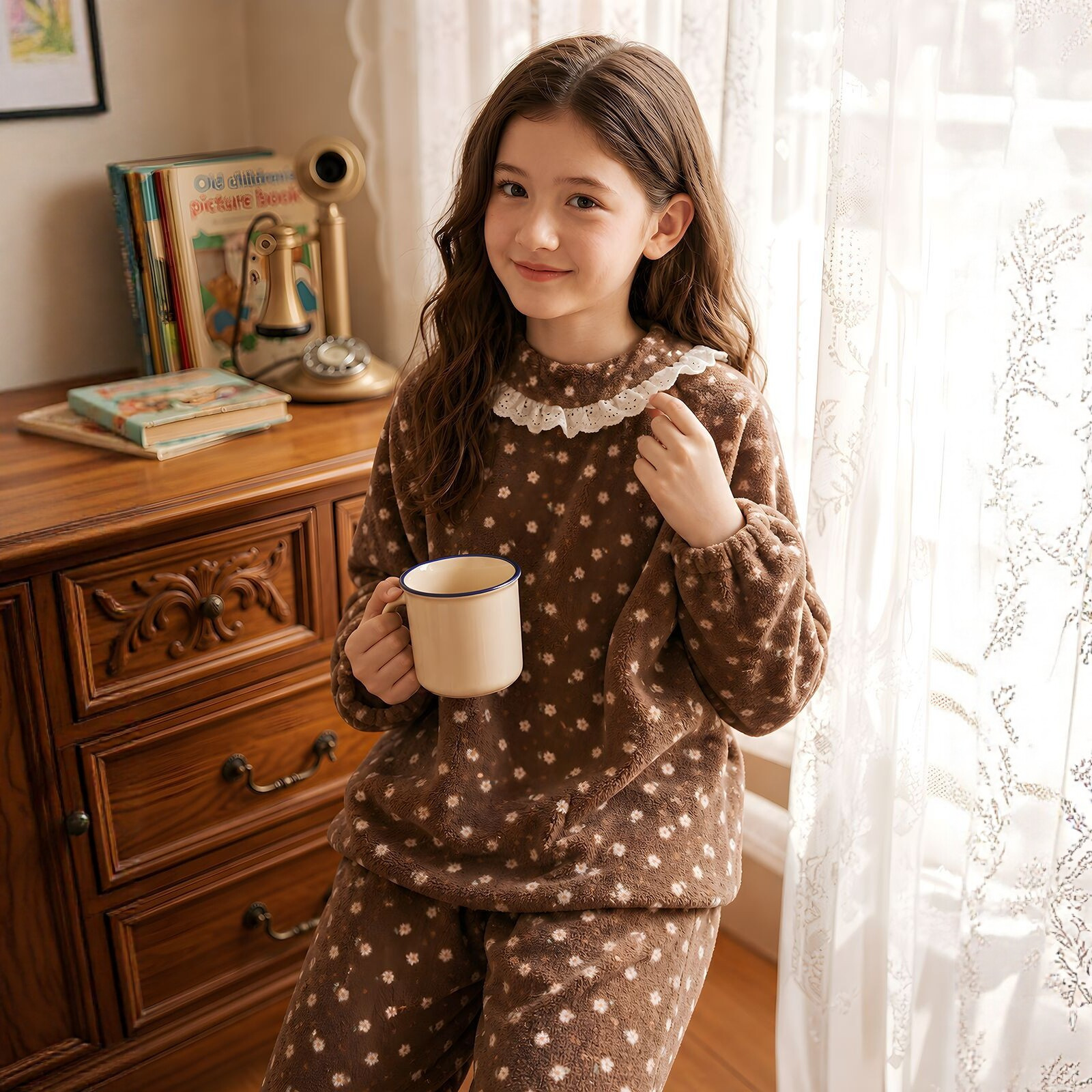 Girls' 2026 Autumn/Winter Pajamas, Medium and Large Size, Coffee Color Coral Fleece Floral Lace Collar Long Sleeve Jogger Two-Piece Set