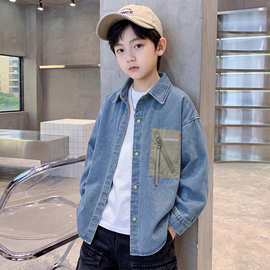 男童秋季浅蓝牛仔外套2026新款儿童翻领衬衫贴袋男孩潮酷休闲上衣