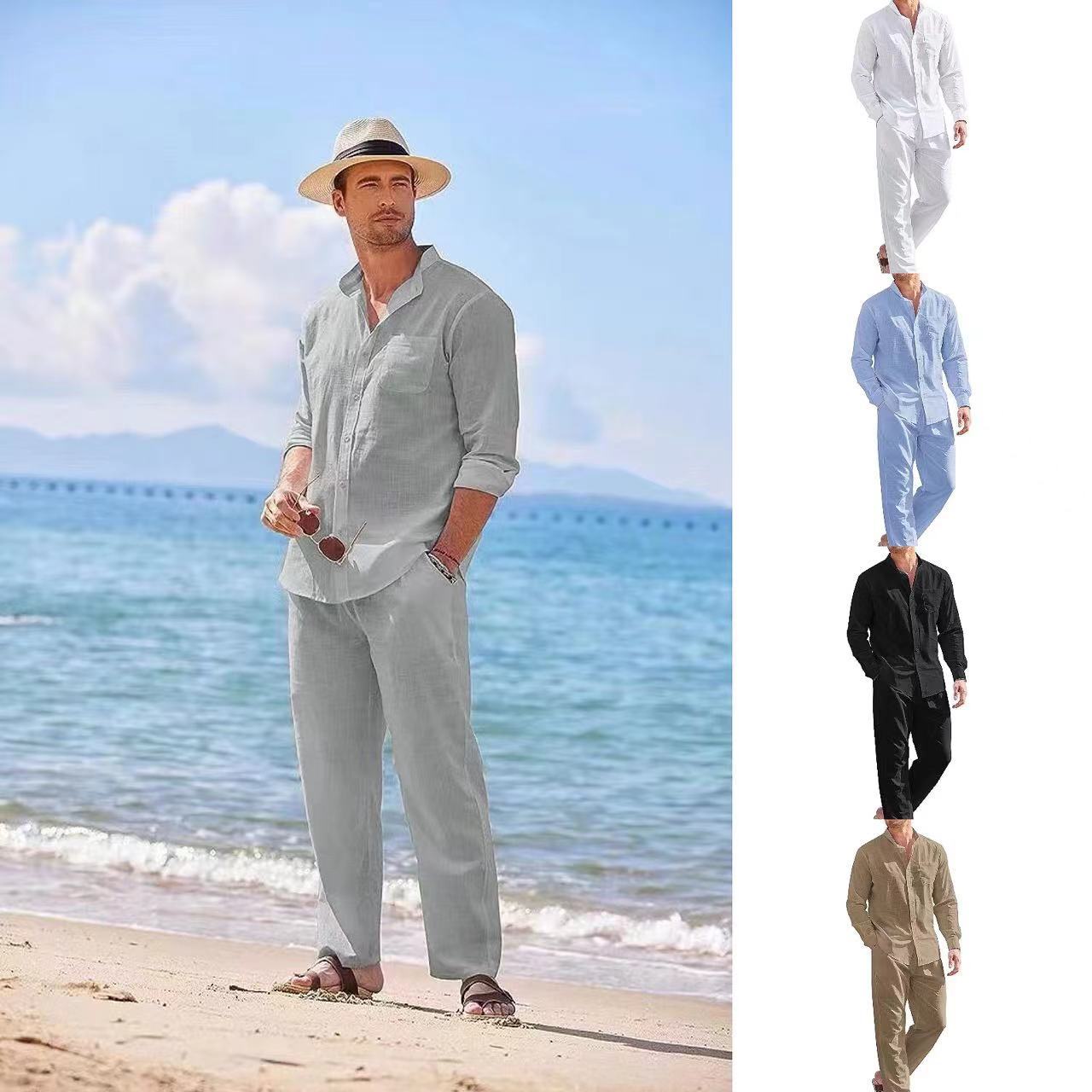 국경 간 남성 해변 캐주얼 세트 단색 칼라 셔츠 긴팔 바지 투피스 유행 간단한 남성 세트