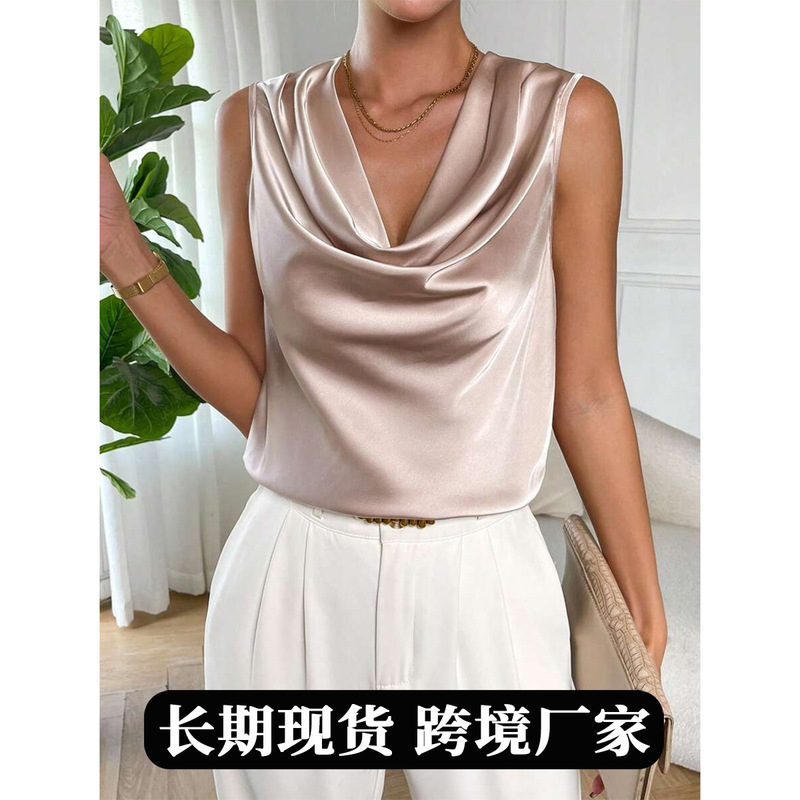 European and American Cross-Border Women's Satin Shirt Women's Spring and Summer Drape Pleated Sleeveless Satin Imitation Silk Shirt Top