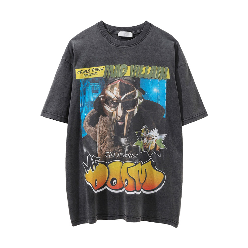 Kurzes Hip-Hop-T-Shirt für Herren mit Rap-Sänger-Charakter-Print, Rundhalsausschnitt, halblange Ärmel, Sommermode-Label_voghion.com