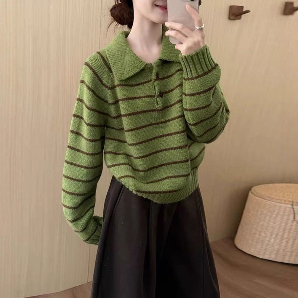 原版韩系简约百搭polo领条纹毛衣女秋冬新款加厚宽松软糯针织上衣