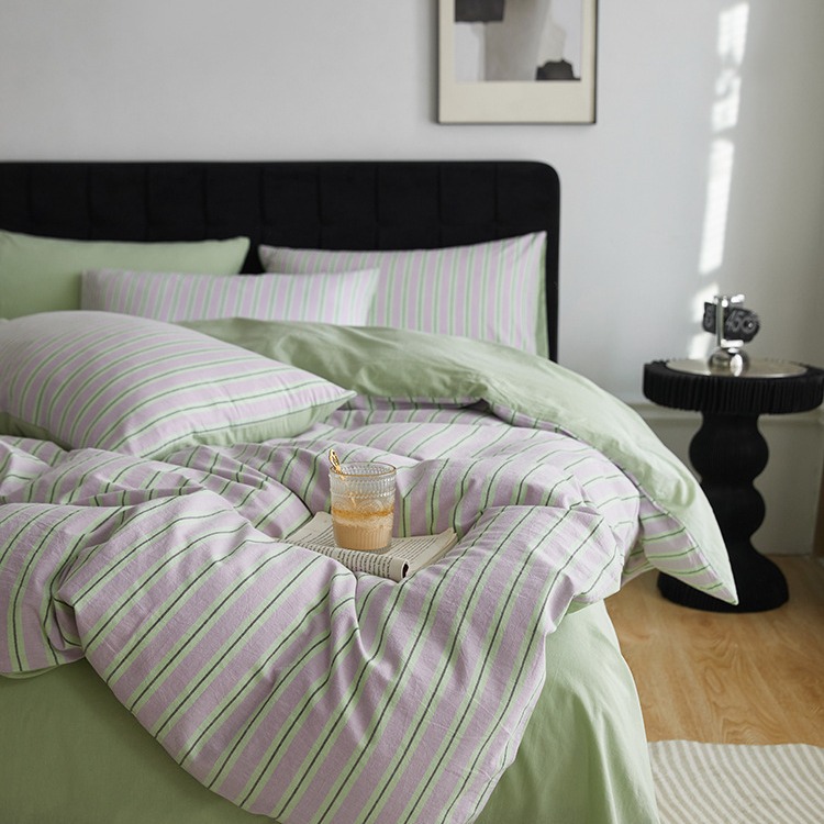 Japanese Style Striped Cotton Bed Sheet Set For Student Dormitory_voghion.com