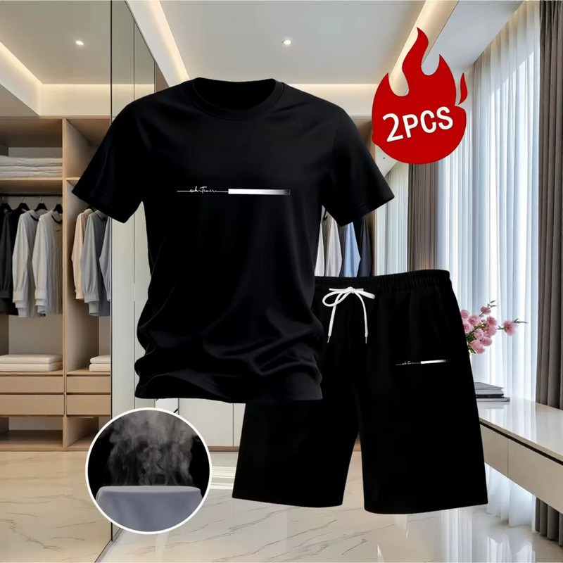 2026 Summer Balance Letter Shoulder Stripe Short-Sleeved Shorts Two-Piece Set Loose Casual Running Wear New Style