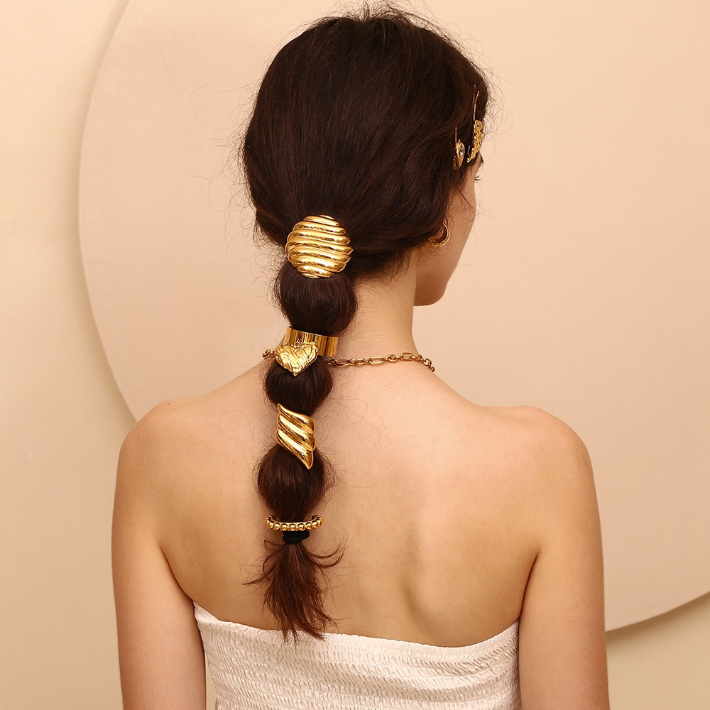 Accessori per capelli unisex alla moda, design di nicchia esplosivo, in acciaio inossidabile, placcato in oro, temperamento, disposizione di perline, corda per capelli, stile femminile_voghion.com