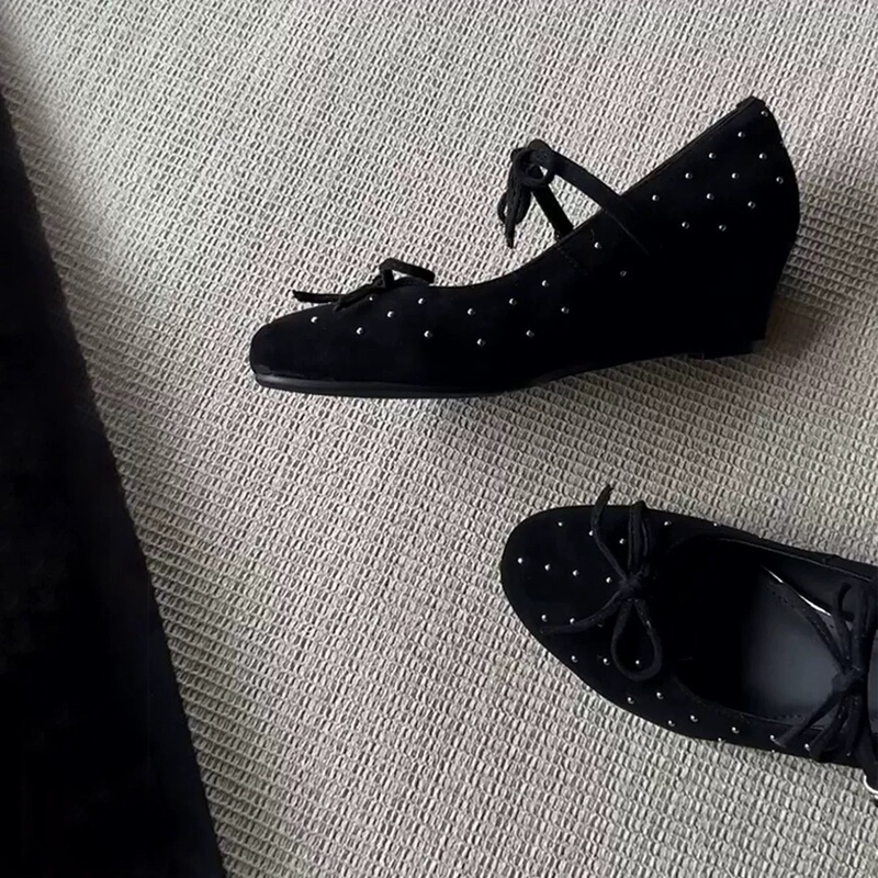 Sheepskin Version~French-Style Versatile Rivet Bow Round-Toe Shallow Mary Jane Shoes for Women 2026 Spring Wedge Heels Sheepskin Version~French-Style Versatile Rivet Bow Round-Toe Shallow Mary Jane Shoes for Women 2026 Spring Wedge Heels