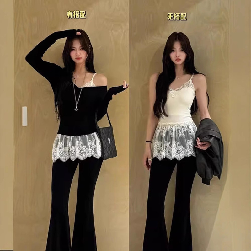 White V-neck Beautiful Lace Camisole Women's Inner Hem Ruffled Fart Curtain Stitching Mesh Sleeveless Top