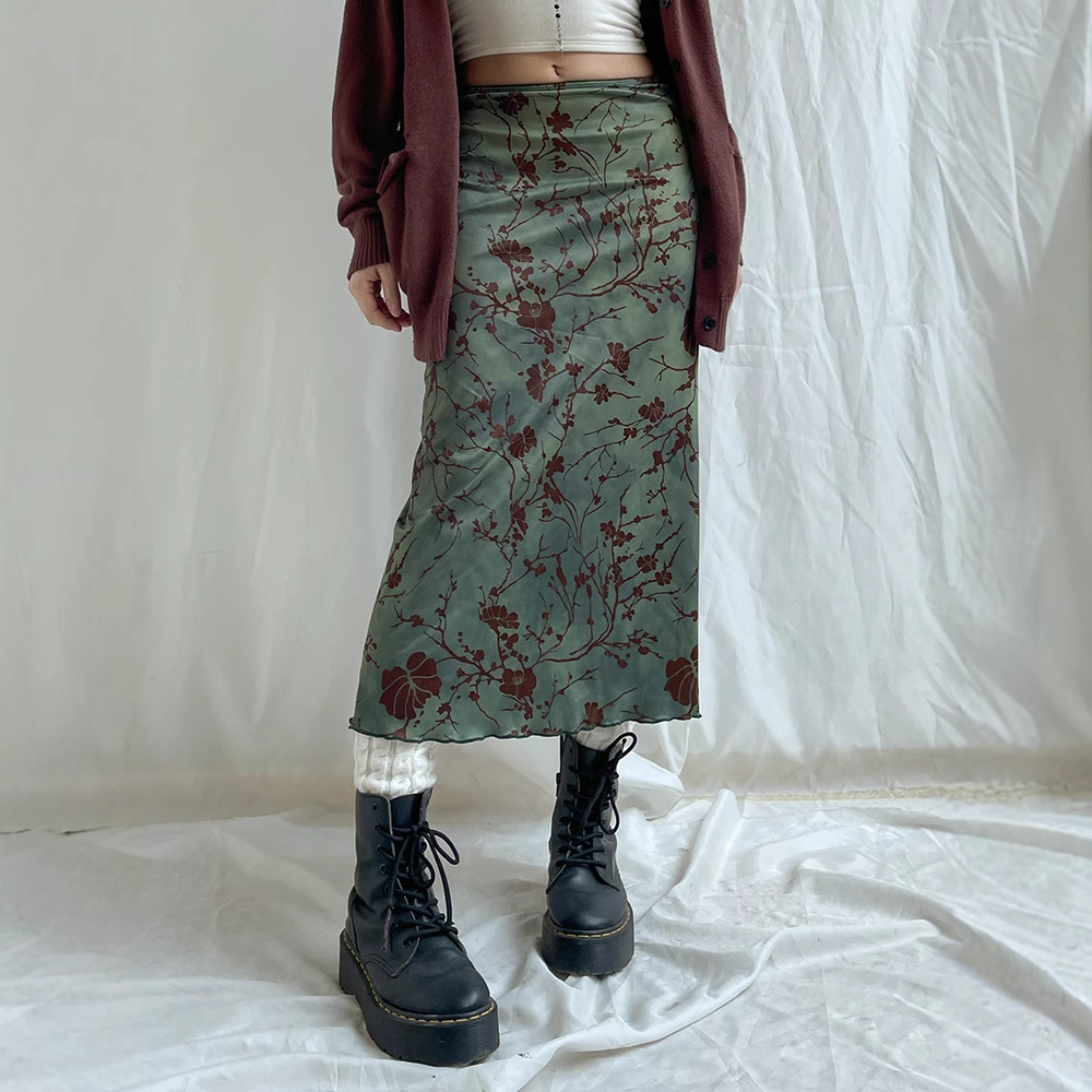 美式街头复古印花高腰包臀半身裙辣妹湖堤绿少女显白百搭气质长裙