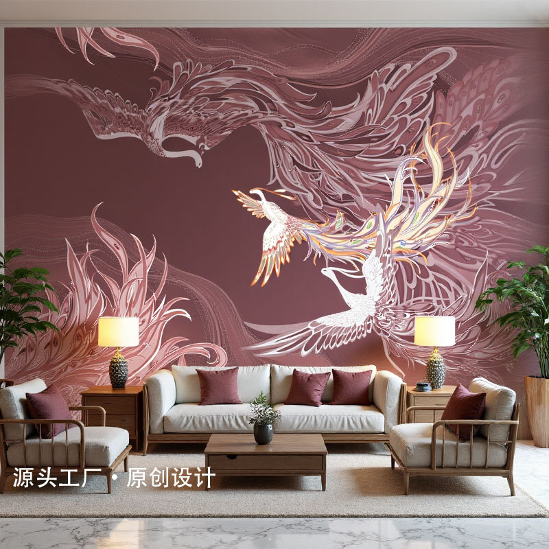 18d艺术古风墙纸高级感新中式卧室床头背景墙布热转印定制壁画