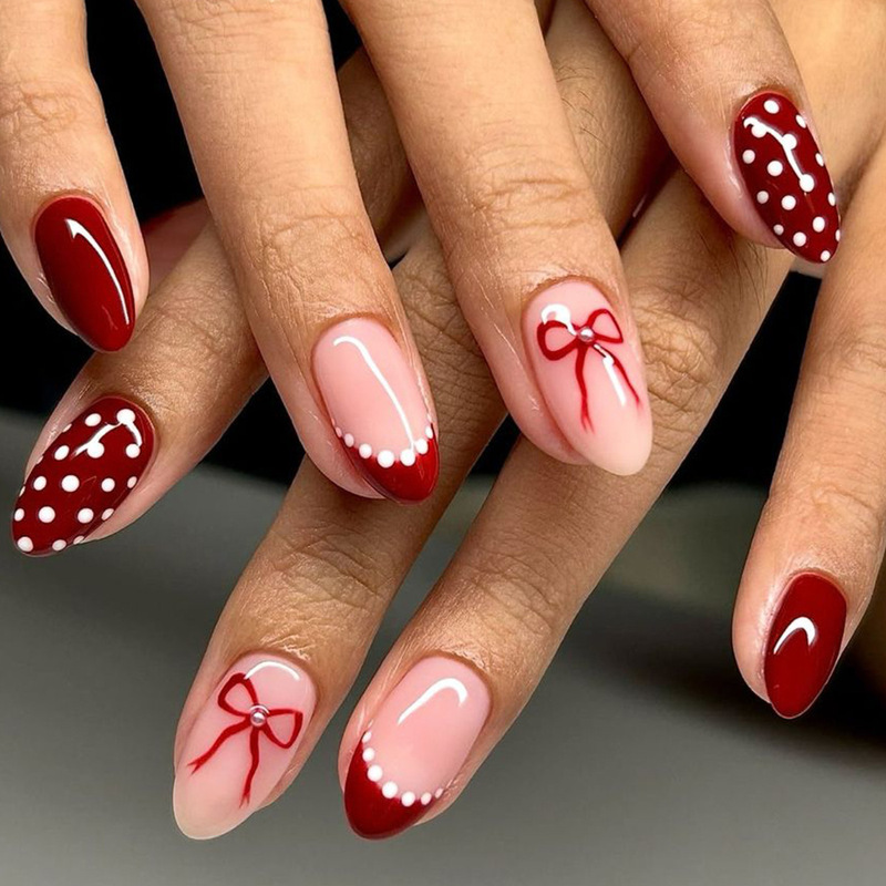 Cross-Border European and American Fashion White Polka Dot Red Press-On Nails, Same Style as on Instagram, Wine Red Nail Art, 24 Pieces
