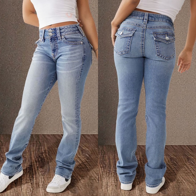 2025 Spring Festival New Double Button Mid-Waist Straight-Leg Jeans For Women Slim Fit Elegant Long Pants_voghion.com