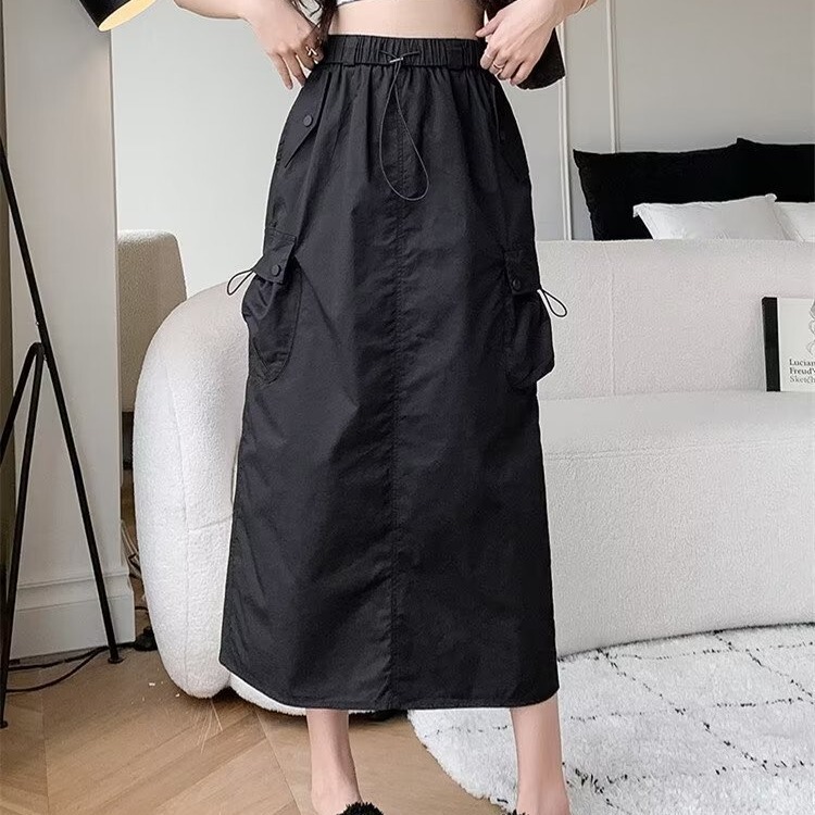 American Retro Elastic Waist Drawstring Workwear Skirt for Women Casual Versatile A-Line Mid-Length Slit Skirt for Women