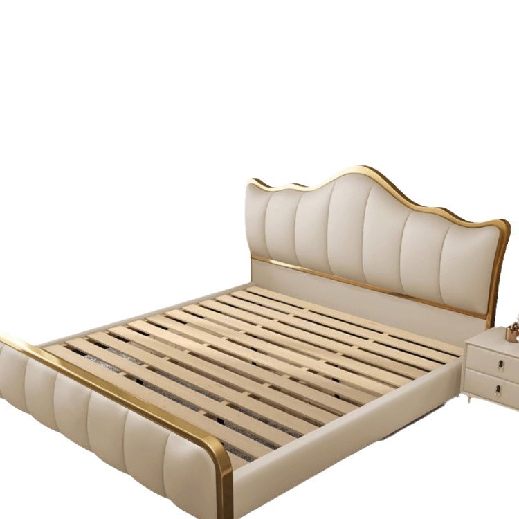 Cama de cuero ligera de lujo, cama principal, cama queen, habitación moderna y minimalista, cama doble para adultos, cama de matrimonio de lujo de alta gama, paquete flexible, cama italiana.
