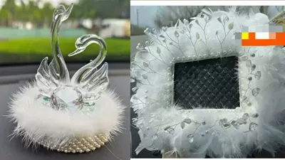 Car ornaments a High-End Feel, Dashboard Safe - crystal-proud-swan-with-crystal-beads-and-long-feather-cushion