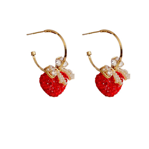 Light luxury festive red diamond love bow earrings high-end temperament fashionable earrings