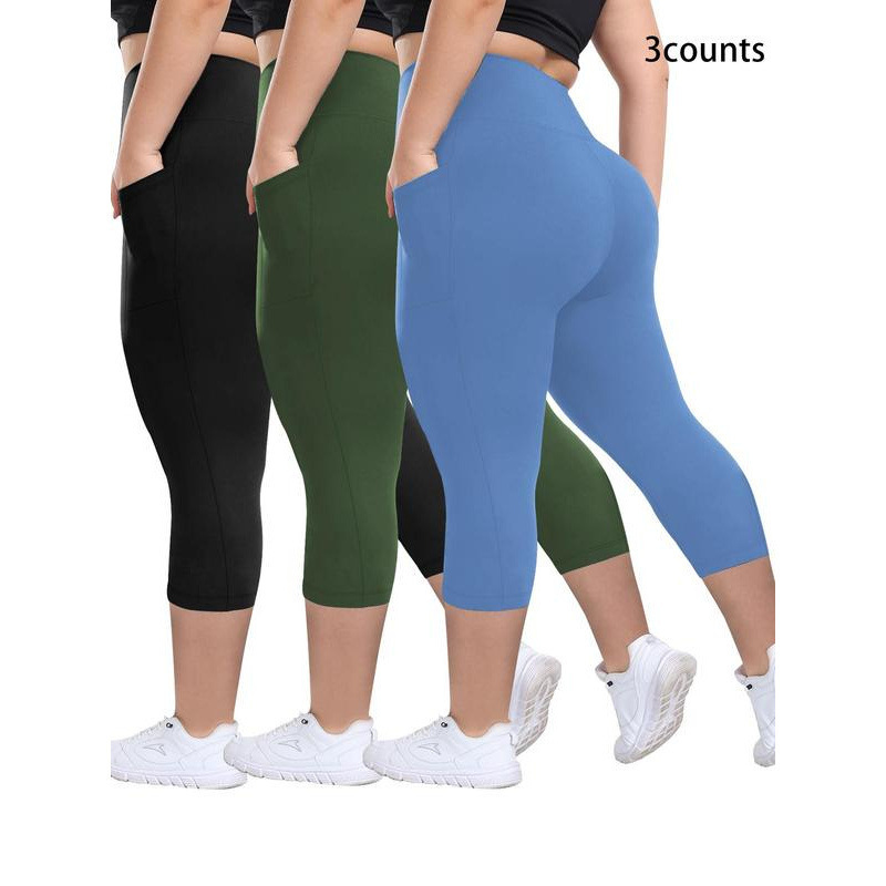 S 726 Cross-Border Plus Size Plain Pocket High Waist Capris Leggings