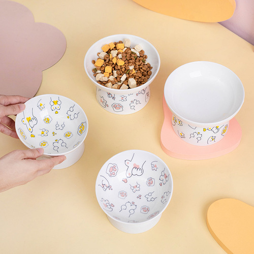 Cartoon cat bowl, ceramic cat food bowl, cervical vertebra oblique mouth pet tall bowl, cat food water basin, dog and cat rice bowl