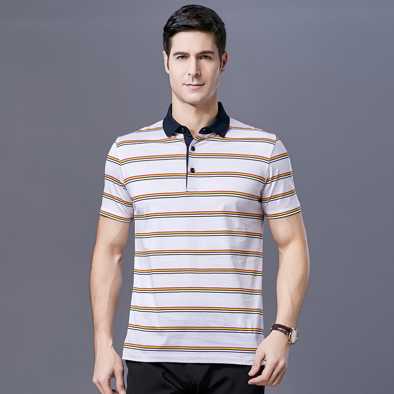 2026 Summer Short-Sleeve T-Shirt for Middle-Aged Men, Turn-Down Collar, Ice Silk Cotton, Loose Fit, Dad Style