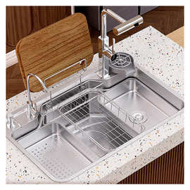 手工201不锈钢厨房水槽柜台安装四孔水龙头单碗方形抛光洗涤盆林