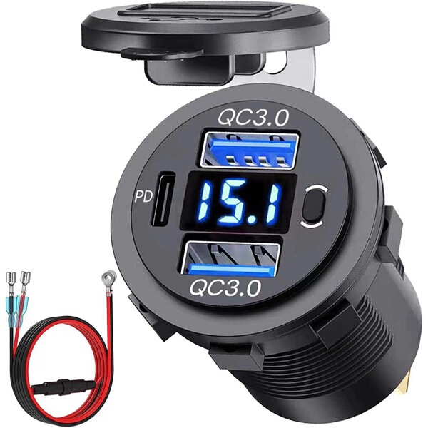 New Three-Port Car Charger, Yacht and Rv Outdoor Waterproof Dual Usb+Pd3.0 Fast Charging Digital Display Voltmeter Small Switch