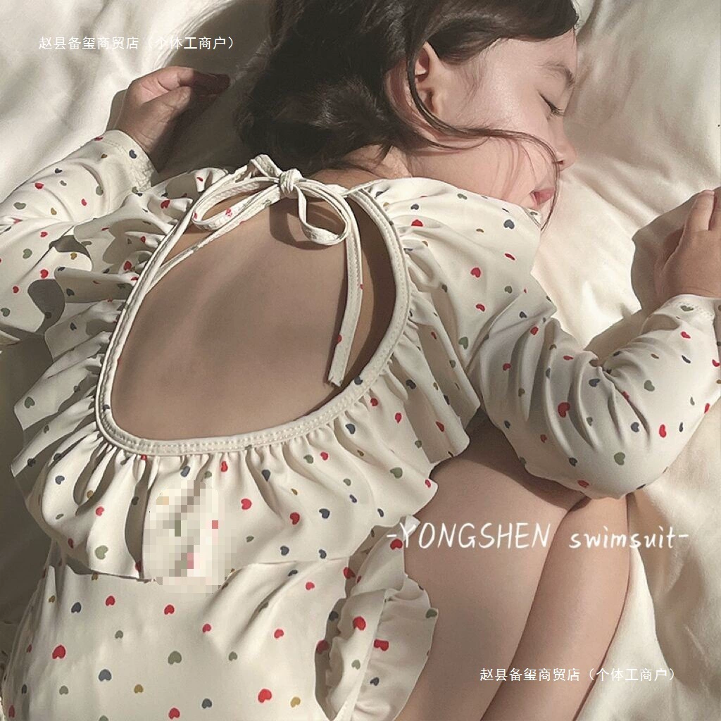 Детский купальник для девочек, принцесса, с открытой спиной, защита от солнца, цельный купальник с длинными рукавами, стиль отпуска для девочек, милый купальник в Корейском стиле