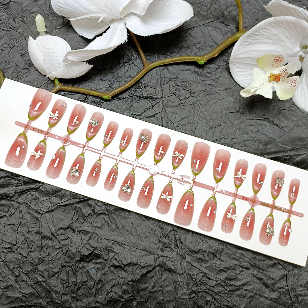 30 piezas de forro de uñas francés verde prefabricado con brillo, pila de perlas, perforar y usar uñas, ojos de gato, uñas hechas a mano, parche de uñas