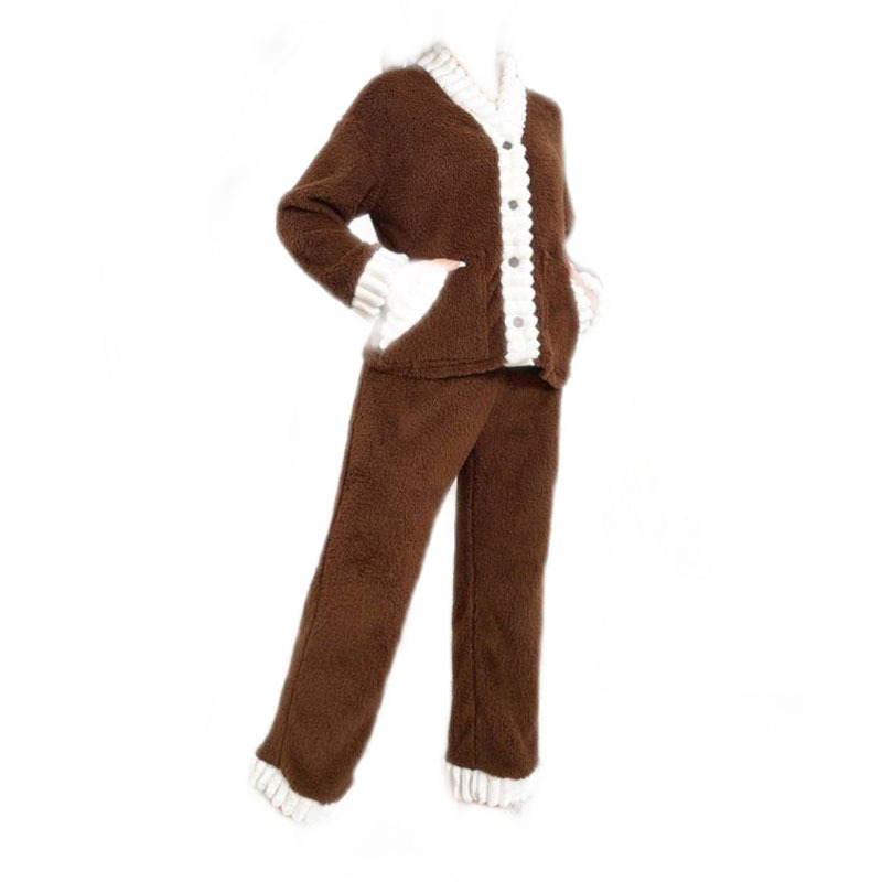 Γυναικεία πιτζάμα υψηλής ποιότητας από κοραλί φλις για γυναίκες το φθινόπωρο και το χειμώνα, νέα ζεστή, παχιά φανέλα για το σπίτι, δύο τεμαχίων κοστούμι_voghion.com