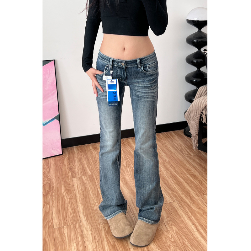 Spring and Autumn American-Style Micro-Flared Jeans for Women, Dark Blue, Low-Waisted, Slimming, Wide-Leg, Loose, Straight-Cut, Floor-Length Bootcut Pants