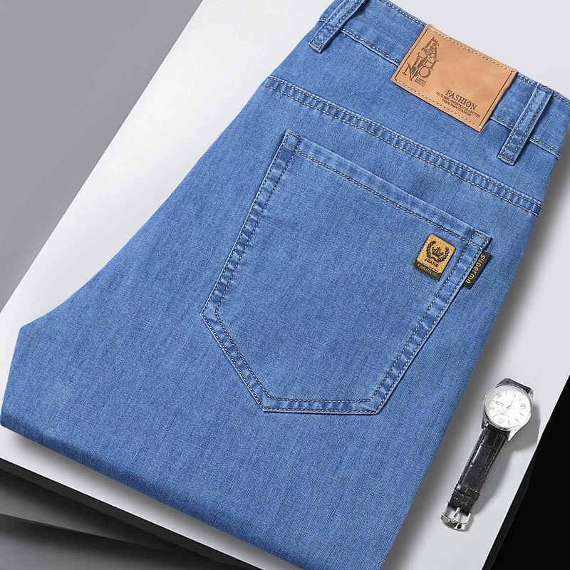 2025 весенне-осенние новые мужские джинсы, прямые свободные повседневные эластичные летние модные брендовые длинные брюки из ледяного шелка для мужчин