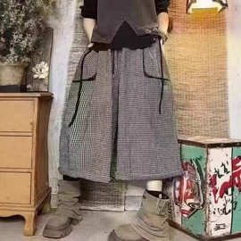 2026夏季新款韩版宽松复古风棉麻小格子松紧腰阔腿裤百搭七分裤女