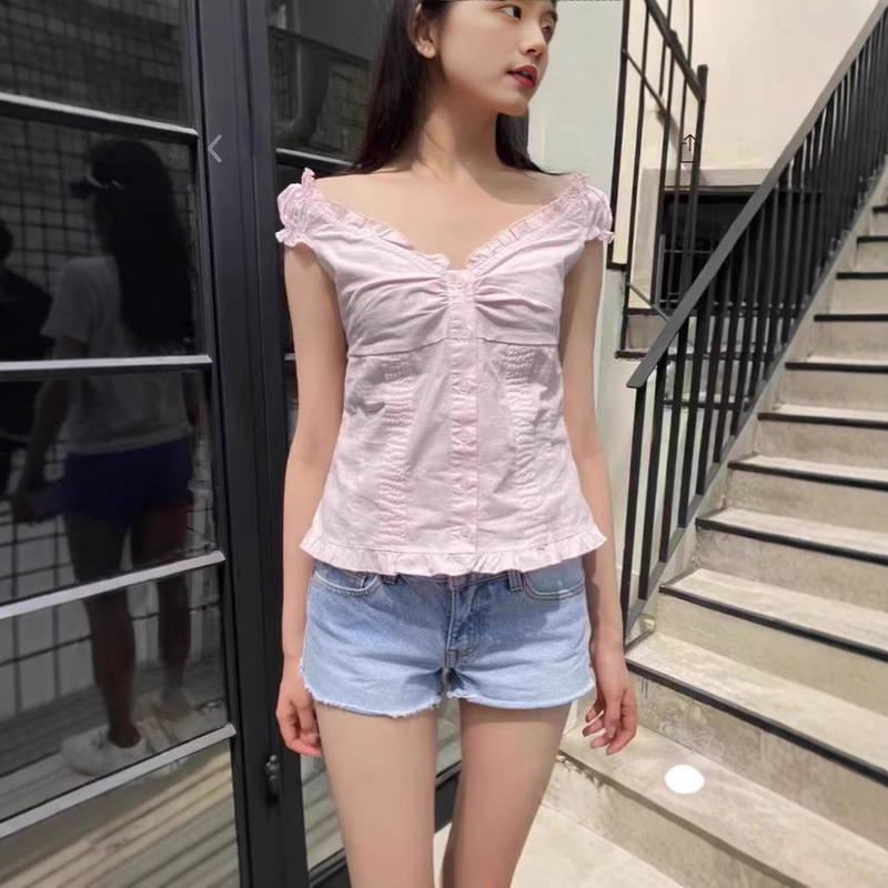 BM Style Pink Sweet Ruffled Flying Sleeve Shirt Short-sleeved Women's Bm Ear Single-breasted Bubble Sleeve Top for Summer