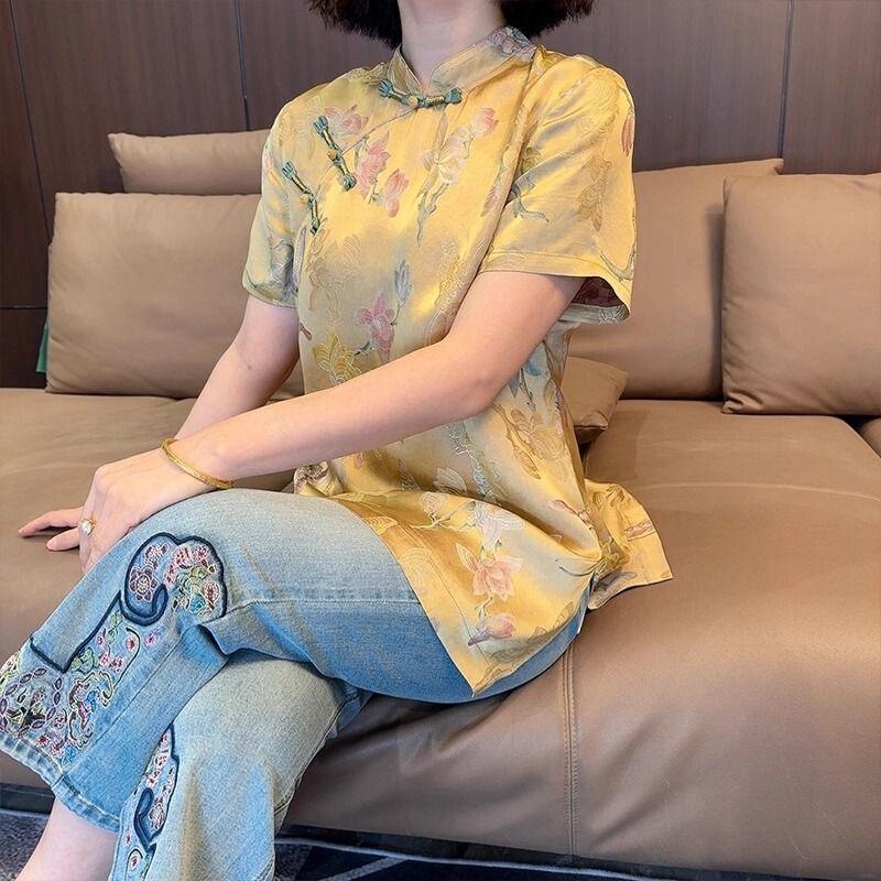 2026 Summer New Chinese-Style Retro Light Luxury Yellow Printed Blouse Mom-Style Everyday Outerwear Fashionable Shirt 2026 Summer New Chinese-Style Retro Light Luxury Yellow Printed Blouse Mom-Style Everyday Outerwear Fashionable Shirt