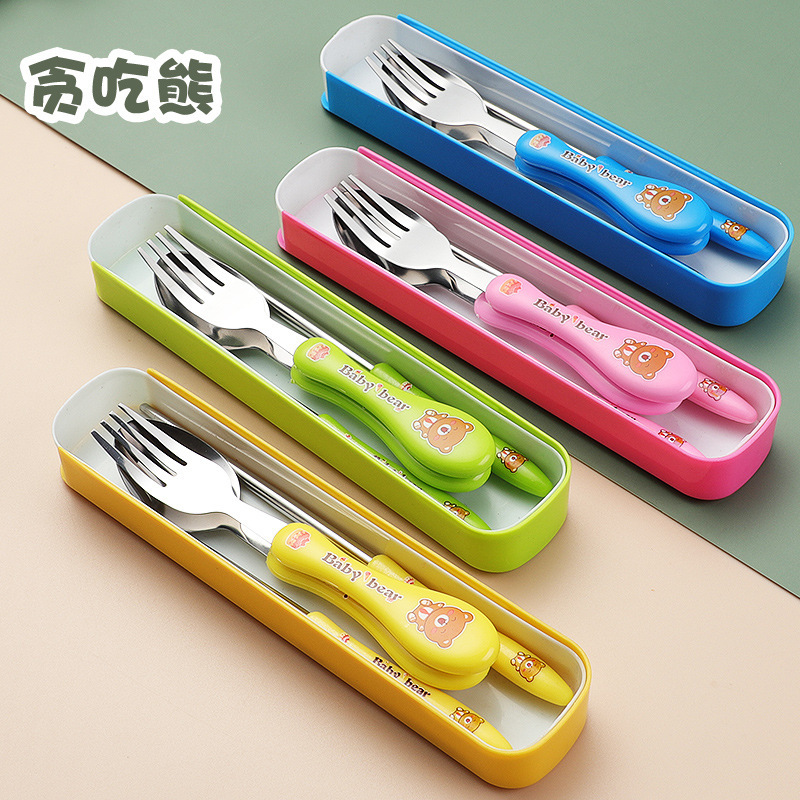 Gluttony Bear Portable Tableware suit Gift Stainless Steel Cute Cartoon Student Outdoor Travel Spoon Fork Chopsticks Knife Wholesale