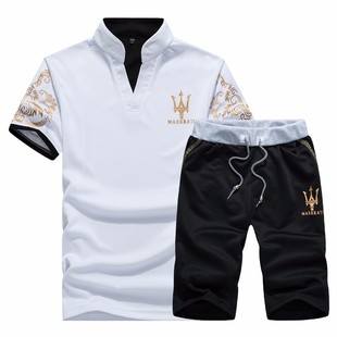 2021 Summer Men's Casual Suit Teenager Thin Sports Loose Two-piece Set with Vertical Collar Fashionable Short Sleeve