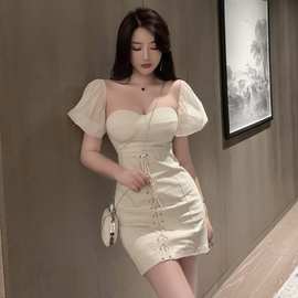 2021夏季低胸泡泡袖系带修身显瘦连衣裙性感抹胸甜美礼服裙A1041